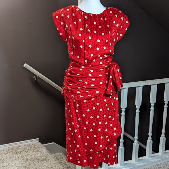 Joan Leslie by Kasper vintage red silk polka dot dress, size 8. - Picture 1 of 10